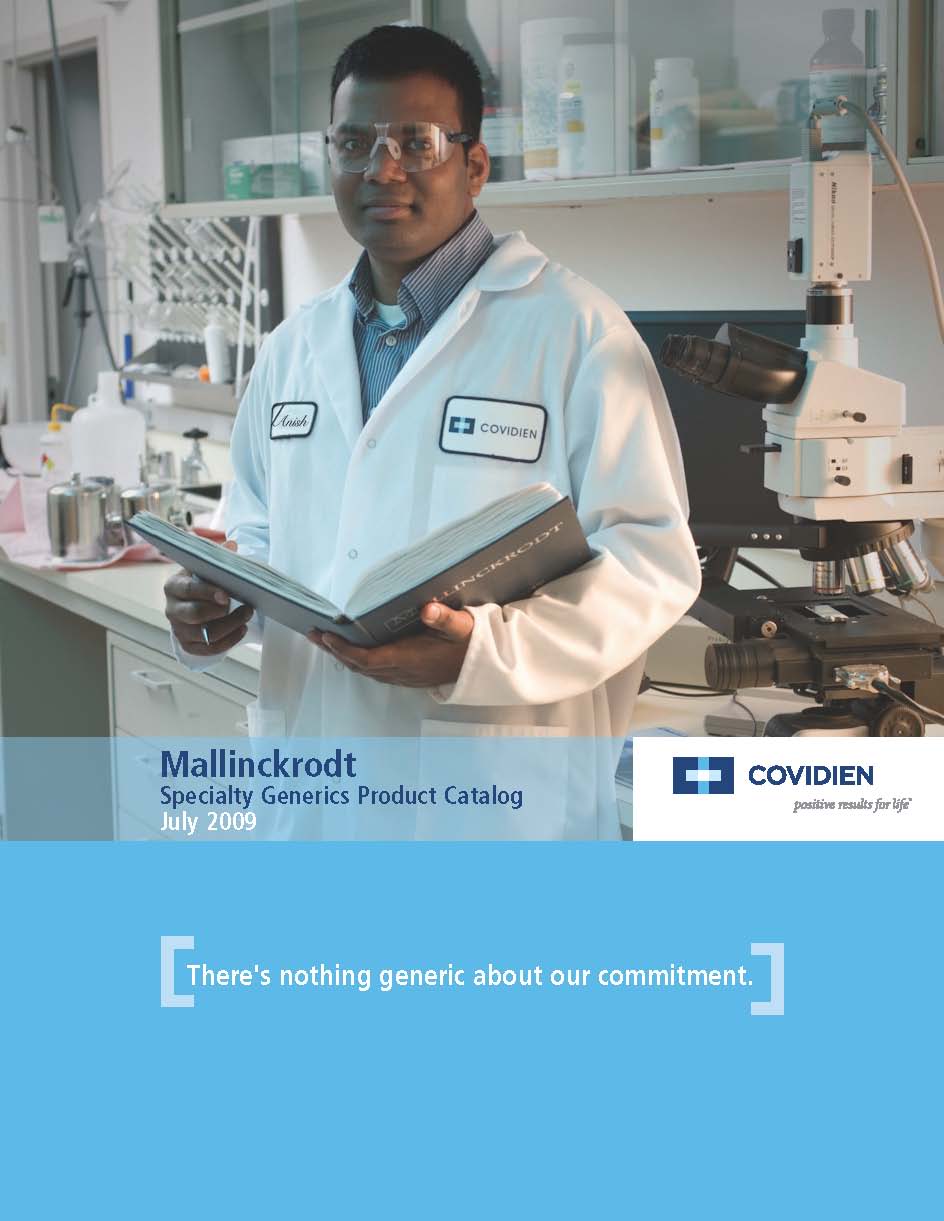 A man in a laboratory setting wearing a white lab coat and glasses. He is holding a book titled "Mallinckrodt Specialty Generics Product Catalog July 2009" and is standing in front of a microscope. The background shows shelves with various laboratory equipment and supplies. The image also has a blue banner at the bottom with the text "There's nothing generic about our commitment."