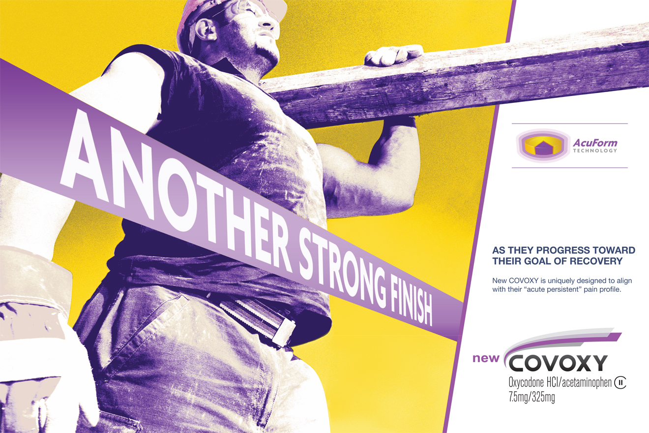 An advertisement for Covoxy a company that provides new products. The background is a gradient of yellow and purple with the company's logo in the top right corner. In the center of the image there is a man wearing a hard hat and overalls holding a wooden plank with both hands. He appears to be working on a construction site. The text on the image reads "Another strong finish" and "As they progress toward their goal of recovery". Below the man there are two smaller text boxes that read "New Covoxy" and the company name "AcuForm". The overall design of the advertisement is modern and eye-catching.