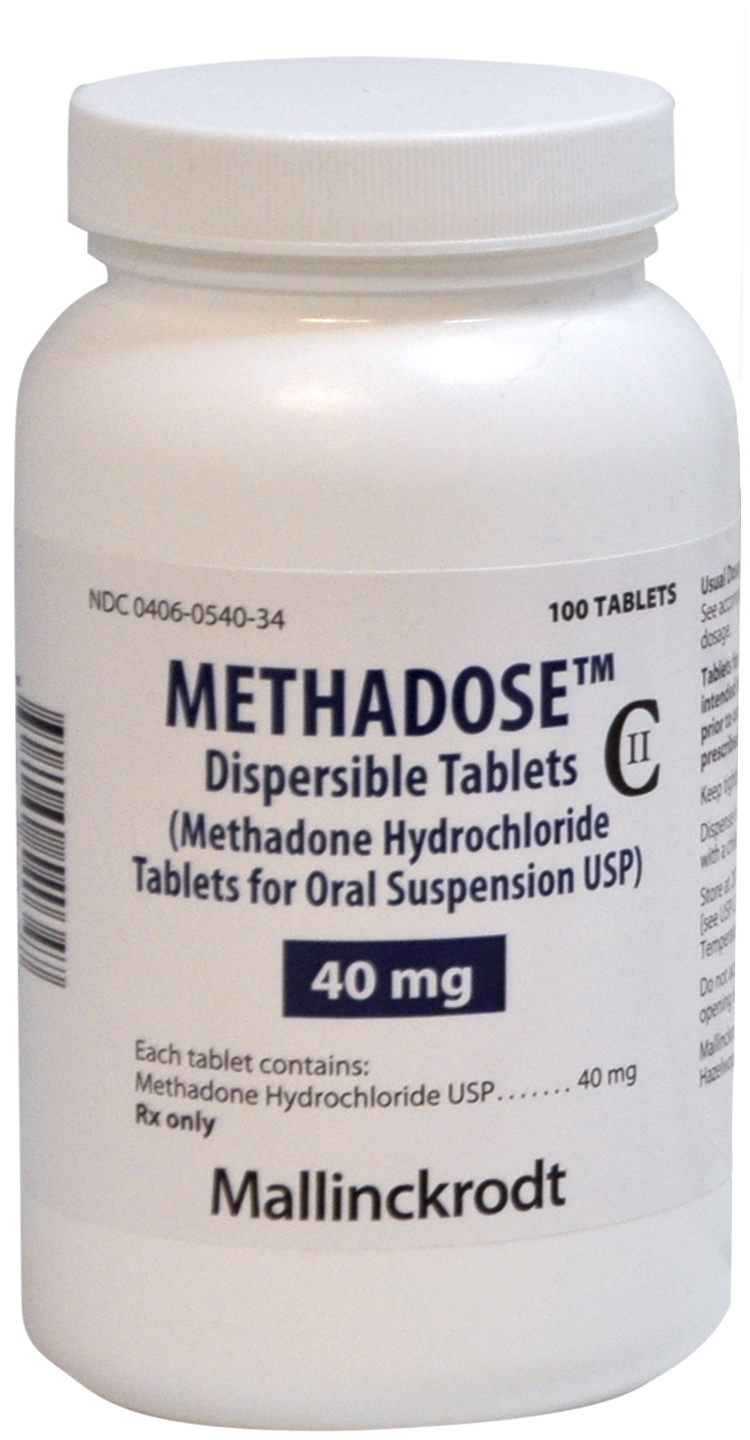 Of a white plastic bottle with a white lid. The label on the bottle is white with black text that reads "Methadose™ Dispersible Tablets (Methadone Hydrochloride Tablets for Oral Suspension USP) 40 mg". The label also has a barcode on the left side and the brand name "Mallinckrodt" at the bottom. The bottle contains 40 mg of Methadone Hydrochlorides USP.