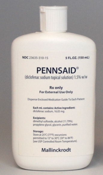 Of a white plastic bottle with a white cap. The bottle is labeled with the brand name "Pennsaid" and the product name "Diclofenac sodium topical solution (1.5% w/w)". The label also mentions that the product is for external use only and that it contains active ingredient. There is also a description of the product which states that the bottle contains 5 fl. oz. (150 ml) of the solution. The label is from Mallinckrodt a pharmaceutical company.