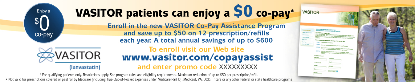 An advertisement for a Copay program called "VASITOR patients can enjoy a $0 co-pay". The advertisement is divided into two sections. On the left side of the image there is a blue circle with the text "Enjoy a CO -pay" and a logo of the company. Below the circle there are two images of a man and a woman walking together. The man is wearing a blue shirt and the woman is wearing an orange shirt. <br /><br />On the right side of this image on the bottom right corner there has a banner with the company's logo and contact information. The banner also has a text that reads "Enroll in the new VISITOR Co-Pay Assistance Program and save up to $50 on 12 prescription/refills each year. A total annual savings of $600 to enroll visit our web site. www.visitor.com/copayassist and enter promo code."<br /><br />The overall design of the advertisement is modern and eye-catching with a blue and orange color scheme.