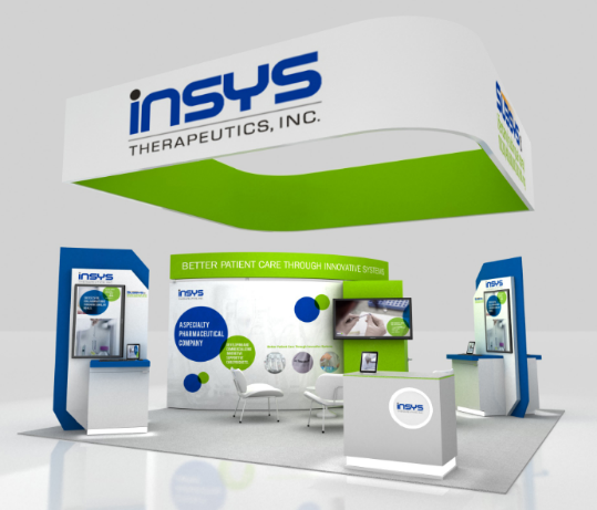 A 3D rendering of a trade show booth for Insys Therapeutics Inc. The booth is white with a green and blue color scheme. The company's logo is prominently displayed on the top of the booth which is a blue and white banner with the company's name in blue letters. Below the logo there is a banner that reads "Better patient care through innovative technology". <br /><br />The booth is divided into two sections with the left section on the left side and the right section in the middle. The left section has a large screen on the wall displaying information about the company and its services. The right section has two smaller screens on the right side displaying the same company's products.<br /><br />There are two white chairs in front of the screens and a desk with a computer monitor on it. The floor is covered with a gray carpet and the background is white. The overall design is modern and professional with a clean and modern look.