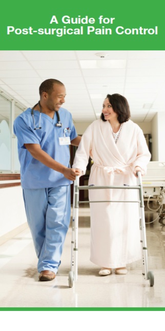 A nurse and a patient walking in a hospital corridor. The nurse is wearing blue scrubs and a stethoscope around his neck and he is holding a walker. The patient is a woman wearing a white robe and is walking with the walker which is made of metal and has wheels. They are both smiling and appear to be engaged in a conversation. In the background there is a hospital bed and other medical equipment. The image is accompanied by text that reads "A Guide for Post-surgical Pain Control."