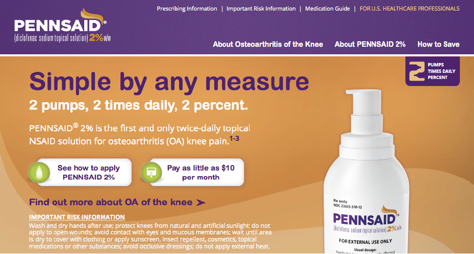 An advertisement for Pennsaid a company that provides information about osteoarthritis of the knee. The advertisement is divided into two sections. The top section is titled "Simple by any measure" and has a purple background with the company's logo in the top left corner. Below the logo there is a description of the product which states that it is 2 pumps 2 times daily and 2 percent.<br /><br />The bottom section of the advertisement has a white bottle with a pump dispenser on the right side. The bottle has a label that reads "Pennsaid 2% is the first and only twice-daily topical NSAID solution for osteopathic (OA) knee pain. 1-3". The label also mentions that the product is available for purchase at a discounted price of $10 per month. The text on the advertisement explains that it can be used to find out more about the knee and provides important information about it.