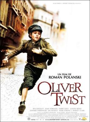 A movie poster for the film "Oliver Twist" directed by Roman Polanski. The poster features a young boy Oliver Twist in the center running on a street with buildings in the background. He is wearing a green jacket black pants and a black hat. His arms are outstretched and he appears to be in mid-stride with a determined expression on his face. The title of the film is written in red and white letters at the top of the poster. The bottom of the image has the names of the cast and crew as well as the release date and other information about the film.