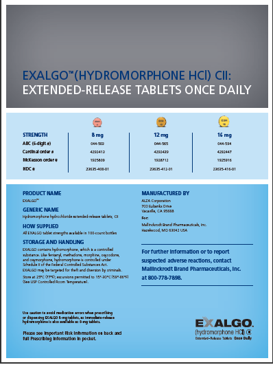 A product label for Exalgo (Hydromorphone HCI) CII Extended-Release Tablets. The label is divided into two sections. The top section has a blue background with white text that reads "Extended-release tablets once daily". Below the text there is a table with three columns - Strength Strength and Product Name. <br /><br />The Strength column lists the strength of the product the Strength column shows the number of tablets and the Product Name column displays the product name and product name. The product name is "Genetic Name" and the product description is "How Supplied". The Product description states that the product is "Storage and Handling".<br /><br />At the bottom of the label there are two buttons - "Manufactured by" and "For further information or to report" - which can be used to XX report the product's information.<br /><br />On the right side of the page there has a yellow smiley face icon indicating that the company is a pharmaceutical company. The company's logo is also visible in the bottom right corner.