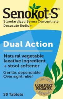 A product label for Senokot-S Standardized Senna Concentrate. The label is yellow and blue in color with the brand name "Senokot" written in bold black letters at the top. Below that it says "Dual Action" in smaller black letters. <br /><br />The label also mentions that the product is a natural vegetable laxative ingredient and stool softener which is a gentle dependable overnight relief. The product is 30 tablets in size. On the right side of the label there is an illustration of a green plant with leaves representing the natural ingredients used in the product.<br /><br />At the bottom right corner there are two logos one for "Purified Comfort Promise Senna" and the other for "30 Tablets".