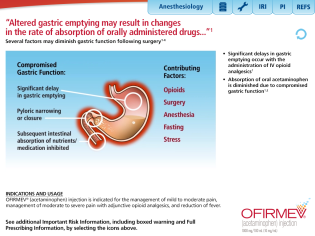 An infographic that explains the effects of altered gastric emptying on the rate of absorption of orally administered drugs. It is divided into three sections.<br /><br />The first section is titled "Altered Gastric Emptying may result in changes in the rate" and it explains that several factors may diminish gastric function following surgery. The second section is labeled "Compromised Gastric Function" and shows a diagram of the digestive system. The diagram shows the internal organs of the stomach including the pancreas gallbladder and gall bladder. The third section is labeled "Contributing Factors: Opioids Surgery Anesthesia Fasting Stress".<br /><br />At the top of the infographic there is a title that reads "Anesthesiology" and below it there are several icons that represent different aspects of the treatment such as "IRI" "REFS" and "IRIS". The infographic also includes information about the treatment and its benefits.