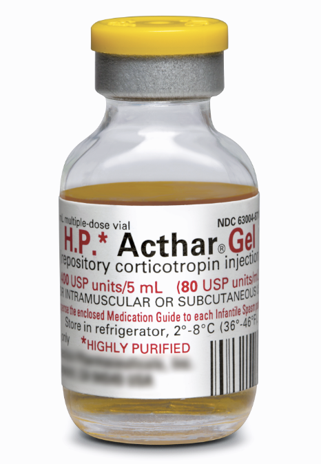 Of a vial of H.P. Acthar Gel. The vial is made of glass and has a yellow cap. The label on the vial reads "H.P." and "Acthar Gel" in bold black letters. Below the label there is a description of the product which states that it is a multi-dose vial with a capacity of 80 USP units/ml. It also mentions that the product is an Intramuscular or Subcutaneous and that it can be used to store in refrigerators. There is also a barcode on the label that reads "Highly Purified".