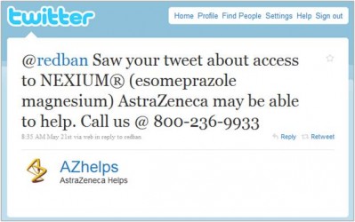 A screenshot of a tweet from the Twitter account of Redban. The tweet reads "@redban Saw your tweet about access to NEXIUM® (esomeprazole magnesium) AstraZeneca may be able to help. Call us @ 800-236-9933 8:35 AM May 21st via web in reply to Redban." The tweet is accompanied by the logo of AZ helps a company that helps AstraZeneca. The background of the tweet is white and the text is black.