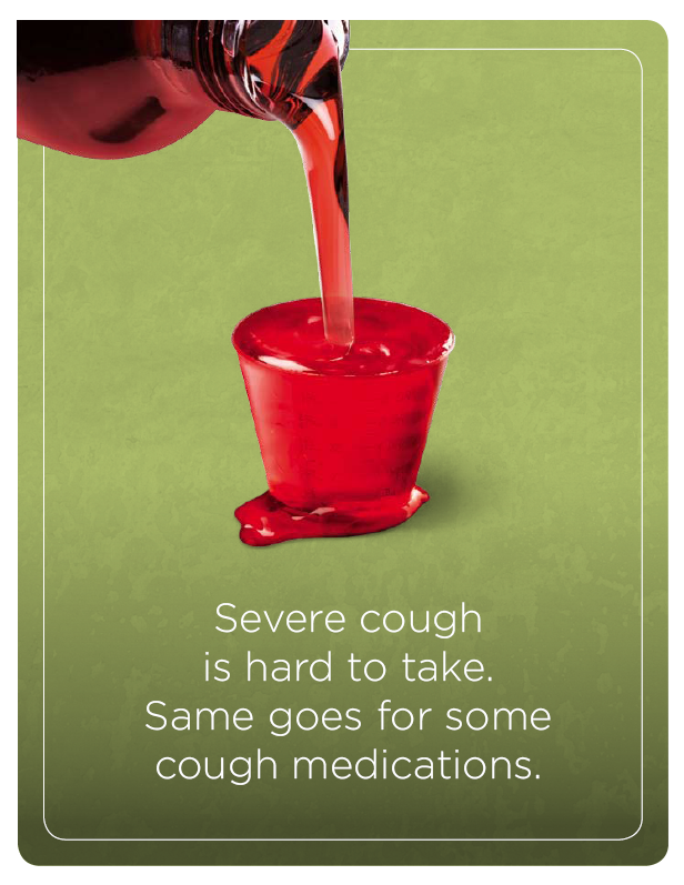 A red liquid being poured from a bottle into a small red cup. The liquid appears to be a reddish-red color and is flowing from the bottle into the cup. There is a text overlay on the image that reads "Severe cough is hard to take. Same goes for some cough medications." The background is a solid green color.