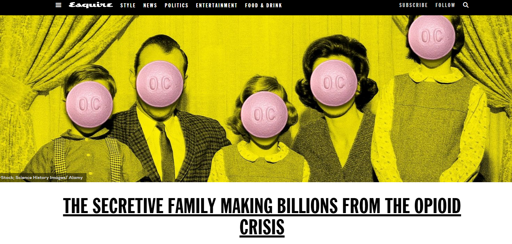 A collage of four people two men and two women standing in front of a yellow curtain. They are all wearing suits and ties and each of them has a pink bubblegum on their face. The bubblegum have the word "OIC" written on them in white letters. The background is black and there is text at the bottom of the image that reads "The secretive family making billions from the opioid crisis."