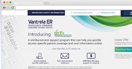 A screenshot of the homepage of the cantrell ER website. The page is titled "Important Safety Information" and has a blue and green color scheme. The top of the page has a navigation bar with various options such as "Prescribing Information" "Medicine Guide" and "Download Now". Below the navigation bar there is a text that reads "Introducing Verify" and below that it says "A reimbursement support program that can help you quickly access specific patient coverage and cost information online". On the right side of the image there are three icons - an instant patient benefits verification a prior authorization assistance and a copy offer. The first icon is a checkmate the second icon is an envelope and the third icon is the cantrell ER logo. The text on the page explains that the program can be used to provide support for patients with special needs.