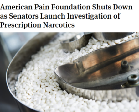 A close-up of a metal container filled with small white pills. The container appears to be made of stainless steel and has a handle on one side. The pills are spilling out of the container and onto the surface. The background is blurred but it seems like the container is placed on a table or countertop. The image is accompanied by text that reads "American Pain Foundation Shuts Down as Senators Launch Investigation of Prescription Narcotics."