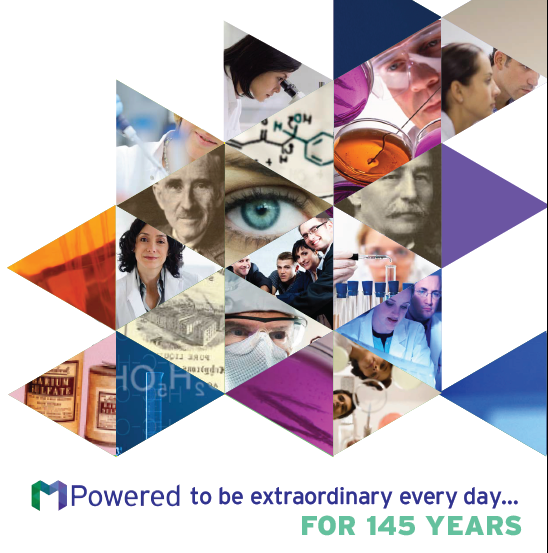 A collage of multiple photos arranged in a diamond shape. The photos are of different people of different ages genders and ethnicities. Some of the photos are close-up while others are more abstract. The background is white and there is a text at the bottom that reads "Powered to be extraordinary every day... FOR 145 YEARS". The overall theme of the image is science and technology.