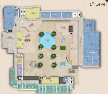 A floor plan of a 1st level apartment complex. The complex is divided into two sections with the first section on the left and the second section in the center. The first section has a large swimming pool in the middle surrounded by palm trees and other greenery. There are several rooms on the ground floor including a living room a kitchen a dining area and a bathroom. The second section has two bedrooms a bathroom and an elevator. The third section has three bathrooms one on each side of the pool and the fourth section has four bedrooms. The floor plan also shows the layout of the rooms including the living room and kitchen as well as the bedrooms and bathrooms. The layout is well-maintained and appears to be well-manicured.