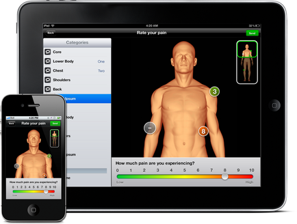 Two electronic devices - an iPad and an iPhone - displaying a 3D model of a man's torso. The iPad is on the left side of the image and the iPhone is in the center. On the iPad screen there is a list of categories such as Core Lower Body Chest Shoulders Back and Back. The categories are arranged in a grid-like format with columns for each category. On the top right corner of the screen the iPad is displaying the "Rate your pain" button which is highlighted in green. Below the button there are three icons representing different types of pain - one for lower body one for chest and one for shoulder. The first icon is a green circle with a white arrow pointing to the right indicating that the user can rate their pain. The second icon is an orange circle with the text "How much pain are you experiencing?" and the third icon is green with a red arrow pointing towards the right. The image appears to be a screenshot of a medical app or app that allows users to monitor and manage their pain levels.