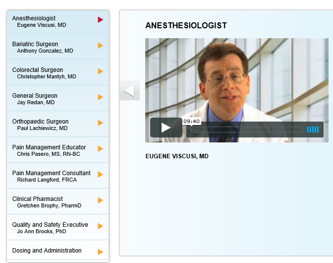 A screenshot of a video titled "Anesthesiologist" by Eugene Viscusi MD. The video is displayed on a white background with a blue header. On the right side of the image there is a photo of a man in a white lab coat and glasses who appears to be a doctor or a medical professional. He is smiling and looking directly at the camera. Below the photo there are several options for the video including "Bariatric Surgeon" "Colorectal Surgeon" and "General Surgeon". <br /><br />On the left side of this image on the top left corner there has a list of the names of the surgeons mentioned in the video. The names are written in black text and are arranged in a grid-like format. The background is a light blue color.