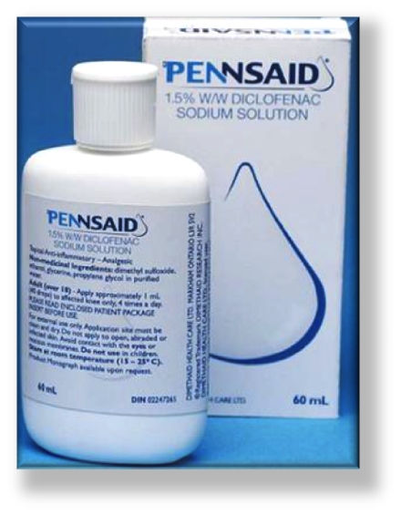 A white bottle of Pennsaid 1.5% W/W Diclofenac Sodium Solution. The bottle is 60ml in size and has a white cap. The label on the bottle is blue and white with the brand name "Pennsaid" written in bold letters at the top. Below that there is a description of the product which states that it is a sodium solution with a capacity of 60ml. The box it comes in is also blue and has the same label as the bottle. The background of the image is white.