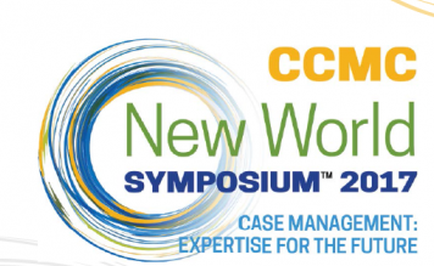A logo for the CCMC New World Symposium 2017. The logo is circular in shape and has a blue and yellow color scheme. The word "New World" is written in bold capital letters in the center of the logo. Below the word "Symposium" in green there is a smaller text that reads "Case Management: Expertise for the future". The background of the image is white.