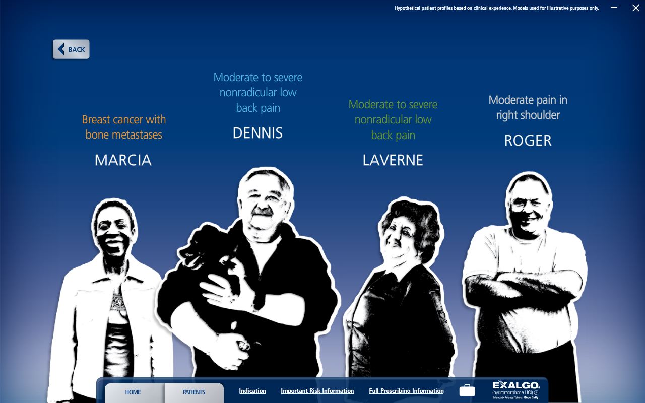 A screenshot of a webpage with a blue background and white text. On the left side of the page there is a title that reads "Breast cancer with bone metastases" and below it there are four images of four people - Marcia Dennis Laverne and Roger. Marcia is on the left Dennis is in the center Dennis and Roger are on the right and they are all smiling and looking at the camera. They are all wearing casual clothes and appear to be happy.<br /><br />On the top right corner of the image the text reads "Moderate to severe nonradicular low back pain" and on the top left corner it reads "moderate to severe right shoulder back pain". Below the text it says "moderate pain in right shoulder" and "Roger".<br /><br />At the bottom of the screen there has a button that says "Exalgo" and a link to the website's website.