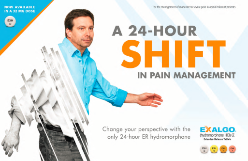 An advertisement for a 24-hour shift in pain management product called Exalgo. The background of the image is white with orange and blue accents. On the left side there is a photo of a man in a blue shirt and jeans with his arms stretched out to the side. He appears to be in pain with a serious expression on his face. The text on the image reads "A 24-Hour Shift in Pain Management" and "Change your perspective with the only 24 hour ER hydromorphone". On the right side it says "Exalgo" in bold orange letters with the company's logo in the bottom right corner. The overall design of the advertisement is modern and eye-catching.