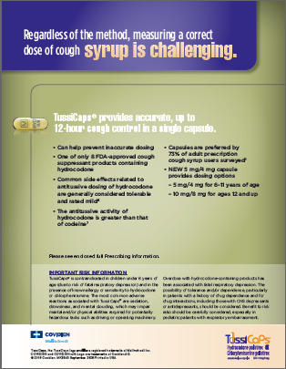 An infographic that explains how TussiCaps provides accurate up to 12-hour cough control in a single capsule. The infographic is titled "Regardless of the method measuring a correct dose of cough syrup is challenging." <br /><br />The infographic has a blue background with white text. On the left side of the infographic there is an illustration of a pill bottle with a yellow cap. The pill bottle is shown in the center of the image. Below the pill bottle there are three bullet points that explain the benefits of using TussiCaps. The first bullet point explains that the pill can help prevent the spread of cough the second bullet point provides information about the dosage and the third bullet point outlines the potential risks associated with the medication.<br /><br />At the bottom of the page there has a logo for the company TussiCaps which is a blue and white shield with the company's name and contact information.