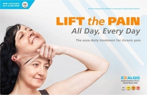 An advertisement for a treatment for chronic pain. It features a young woman with dark hair smiling and touching her neck with her hand. She appears to be in pain with her eyes closed and her head tilted back. The background is light blue and the text on the image reads "Lift the pain. All day every day. The once-daily treatment for Chronic pain." The text is in orange and yellow and there is a logo of Exalgo on the bottom right corner. The overall design of the advertisement is simple and modern with a focus on the woman and the treatment.