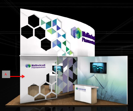 A trade show booth with a modern design. The booth has a white background with a geometric pattern of hexagons in different colors. On the left side of the booth there is a large banner with the company's logo and name in purple and green. Next to the banner there are two smaller banners with the same logo and the company name in blue and green colors. <br /><br />The booth also has a small desk in front of it with a computer monitor on it. The desk has a red arrow pointing to the right indicating that the booth is ready for display. The overall design is sleek and professional with a focus on the company and its products.