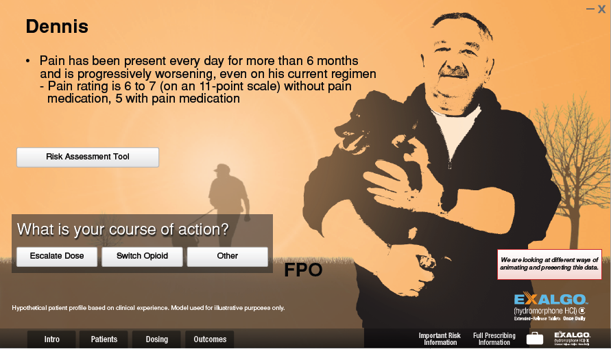 An advertisement for a risk assessment tool called "Dennis". It features an illustration of a man holding a dog in his arms. The man is wearing a black jacket and has a big smile on his face. The background is orange and there is a silhouette of a tree on the right side of the image. On the left side there is text that reads "Pain has been present every day for more than 6 months and is progressively worsening even on his current regimen. Pain rating is 6 to 7 (on 11-point scale) without pain medication 5 with pain medication." Below the text there are two buttons - "What is your course of action?" and "Escape Dose" - which are likely used to assess the risks associated with the tool.