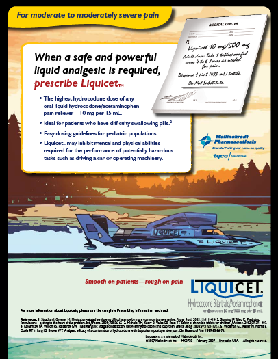 An advertisement for Liquicet a medication used to treat severe pain. The advertisement is divided into two sections. The top section is titled "For moderate to moderately severe pain" and has a yellow background with black text. Below the title there is an illustration of a boat on a body of water with trees in the background.<br /><br />The bottom section of the advertisement has a blue and white color scheme. The boat is blue with the word "Liquicet" written on it. It appears to be a speedboat or a motorboat with a sleek design and a pointed nose. The text on the advertisement explains that when a safe and powerful liquid analgesic is required the highest hydrochloric acid of any type of medication is required. It also mentions that it is ideal for patients who have difficulty swallowing pills and is suitable for driving a car or operating machinery. The bottom section has a description of the product which states that it can be used to smooth on patients' rough on pain and provide relief from pain.