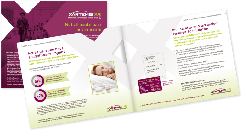 A tri-fold brochure design for XARTEMIS XR. The brochure is divided into two sections. The left side of the brochure has a purple background with white text that reads "Not all acute pain is the same" and "Acute pain can have a significant impact". On the right side there is a photo of a woman lying on a bed with her eyes closed and a peaceful expression on her face. Below the photo there are three bullet points that explain the benefits of the product.<br /><br />The first bullet point on the left side has a pink background with a white arrow pointing to the right indicating that the product is available for purchase. The second bullet point has a white background with black text and the third bullet point reads "Immediate-and-extended release formulation".<br /><br />At the bottom right corner of the right corner the company's logo is visible. The overall design is modern and eye-catching with a clean and professional look.