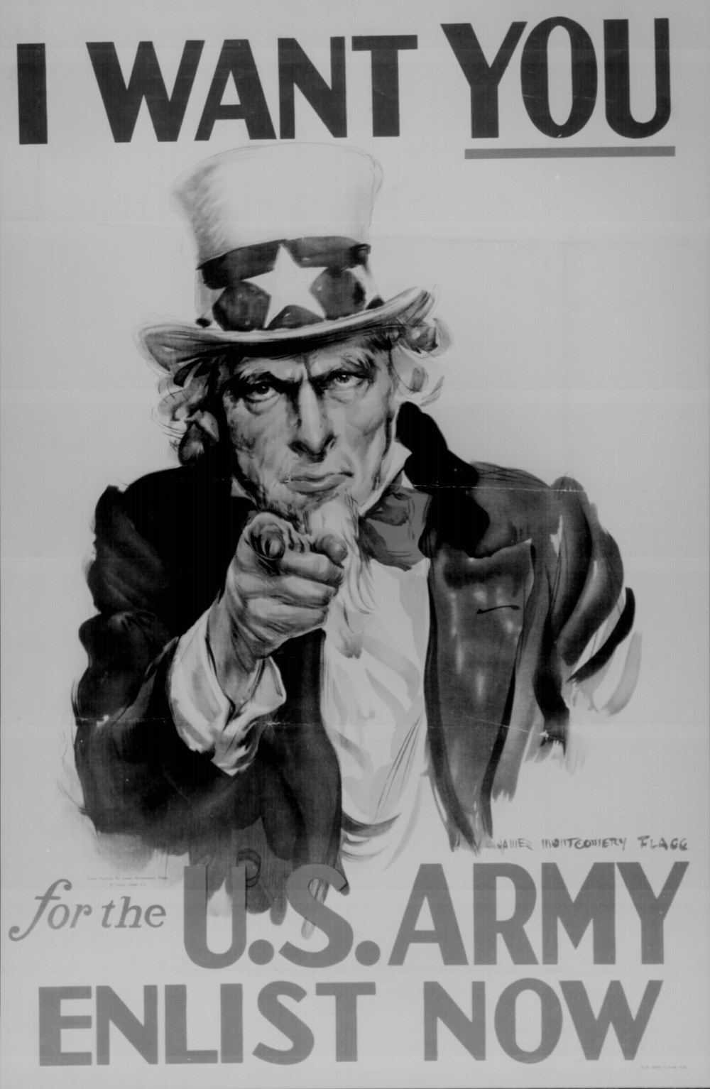 A black and white illustration of Uncle Sam the former President of the United States pointing his finger towards the viewer with a serious expression on his face. He is wearing a top hat with a star on it and a suit jacket. The background is white and the text "I want you for the U.S. Army enlist now" is written in bold black letters at the top and bottom of the image. The illustration is done in a sketch-like style with bold lines and shading to give it a realistic appearance.