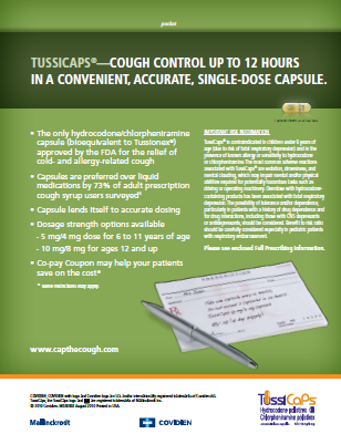 An advertisement for Tuscans promising cough control for up to 12 hours in a convenient accurate single-dose capsule. The background is various shades of green with white text. There are logos for Mallinckrodt Covidien and TussiCaps at the bottom with a link to the "www.capthecough.com" website.