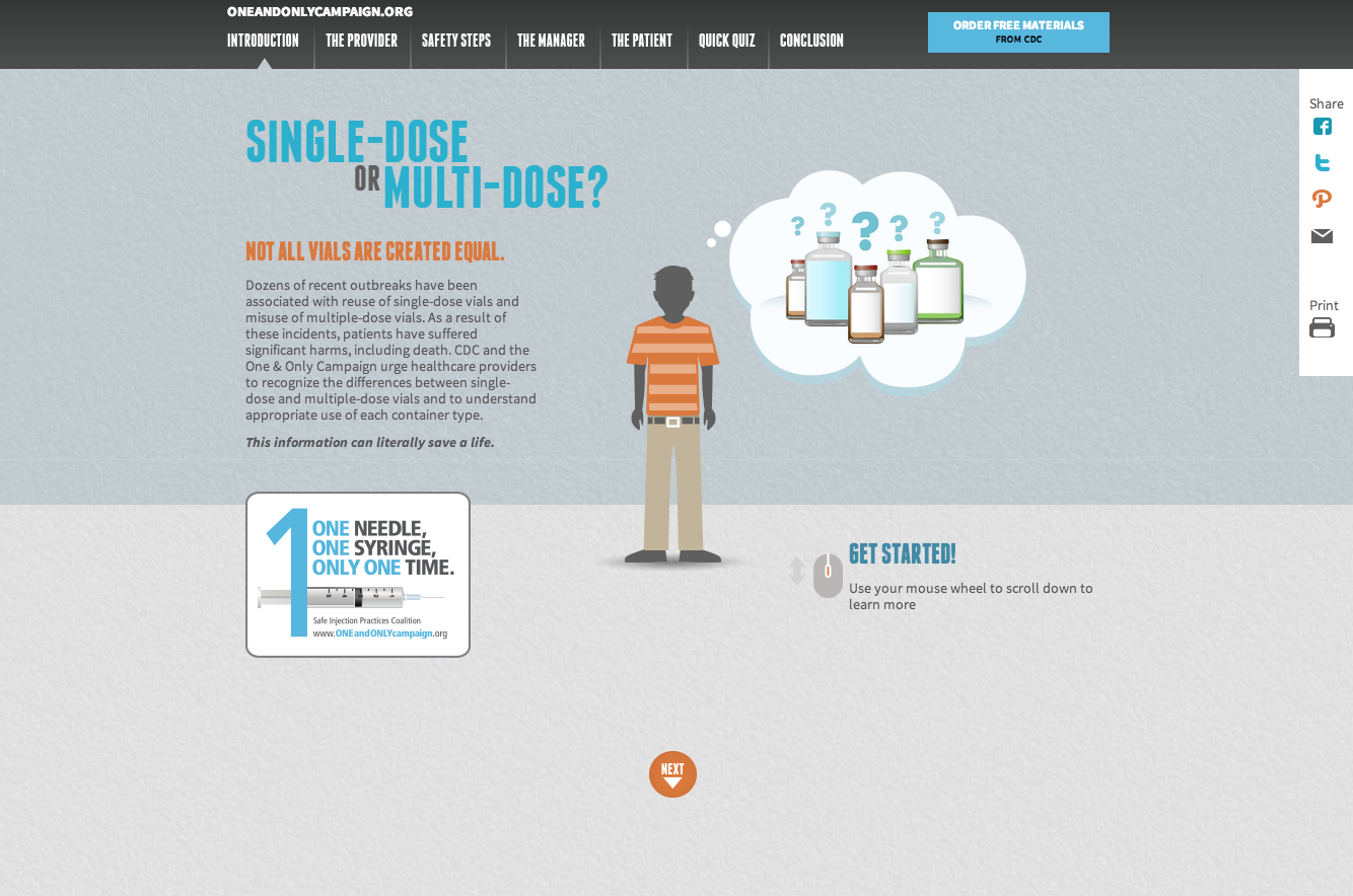 An infographic that explains the concept of single-dose or multi-dose. It has a light blue background with a white cloud in the center. Inside the cloud there is an illustration of a person wearing an orange t-shirt and khaki pants. The person is standing with their arms crossed and has a thought bubble above their head. <br /><br />On the left side of the image there are three bottles of different sizes and colors each with a question mark next to them. The text above the person reads "Single-Dose or Multi-DOSE? Not all are created equal." On the right side there has a button that says "Get Started!" and a text box that reads "One Needle One Needle Only Time."<br /><br />At the top of the infographic it has a navigation bar with various options such as "Home" "About" "Contact" and "About Us". There is also a button at the bottom that says the user can click on it to start the infographic.