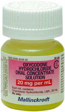 Of a small yellow-colored bottle with a white cap. The label on the bottle reads "Oxycodone Hydrochloride Oral Concentrate Solution" in bold black letters. Below the label there is a smaller text that reads "20 mg per ml" in smaller black letters indicating that the bottle contains 20 mg of the solution. The bottle appears to be made of plastic and has a small opening at the top for the cap.