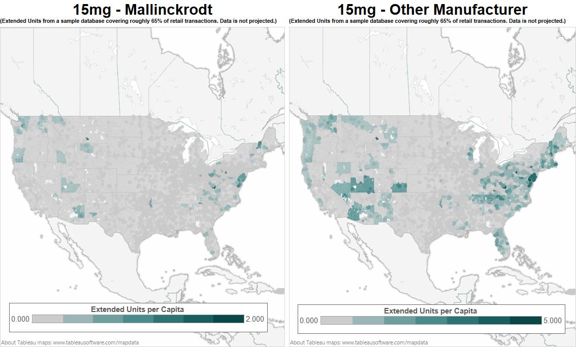 Two maps of North America with a focus on the United States of America. It shows the borders of each county. Each county is filled in with different shades on a gradient from grey to green. The map on the left is titled "15 mg - Mallinckrodt" and the map on the right is titled "15mg - Other Manufacturers". Under each title there is a disclaimer that reads "(Extended Units from a sample database covering roughly 65% of retail transactions. Data is not projected.)" A key shows that the color represents extended units per capita with grey indicating 0 units and the darkest color green indicating up to 2000 units for the map on the left and 5000 units for the map on the right. A footer on the map indicates that the graphic was created in Tableau. 