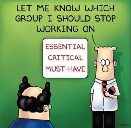 A cartoon illustration of a man standing in front of a green background with a speech bubble above his head that reads "Let me know which group I should stop working on. Essential critical must-have." The man is wearing a white shirt red tie and glasses and is holding a red folder in his hand. He appears to be explaining something to the other man who is standing with his back to the viewer. The man has a serious expression on his face and is looking at the man with a concerned expression.