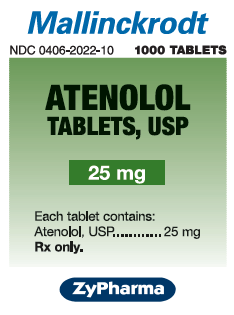 A label for Mallinckrodt a medication used in the United States. The label is rectangular in shape and has a green background. The text on the label reads "Mallinckrodt" in bold white letters at the top followed by "NDC 0406-2022-10" in smaller black letters. Below the text there is a description of the medication which states that it contains 25 mg of Atenolol USP and 25 mg Rx only. At the bottom of the label there are two logos one for ZyPharma and the other for the company.