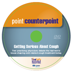 A DVD cover for a DVD titled "Getting Serious About Cough". The cover is circular in shape and has a blue background with a green circle in the center. The title of the DVD is written in white text at the top of the cover. Below the title there is a subtitle that reads "Two practicing physicians debate the real-world issues shaping cold-related cough treatment today." The DVD logo is also visible in the bottom right corner.