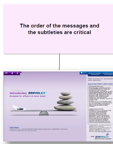 A screenshot of a presentation slide from a company called ZORVOLEX. The slide is titled "The order of the messages and the subtleties are critical". The slide has a purple background with white text. On the left side of the slide there is an image of a stack of white stones arranged in a pyramid-like shape. The stones are stacked on top of each other with the topmost stone being the largest and the bottommost being the smallest. <br /><br />On the right side there are two tabs - "Introduction" and "Important Safety Information". The first tab is for the company's website and the second tab has a list of important safety information. The text on the slide explains that the company is designed for efficiency at lower doses.<br /><br />At the bottom of the page there has a blue header with the company name and contact information.