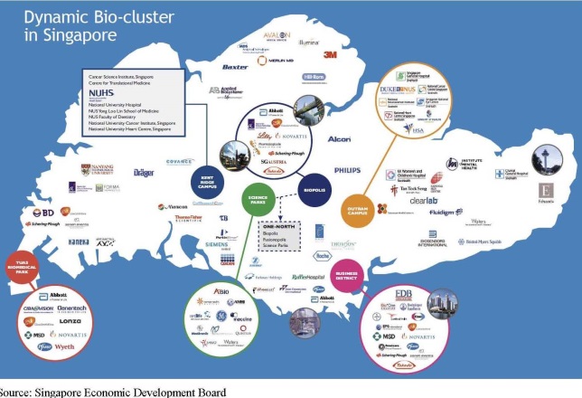 A map of Singapore titled "Dynamic bio-cluster in Singapore." The map appears to show a number of bio-medical company campuses and has the logos for dozens of major international companies scattered across the map.