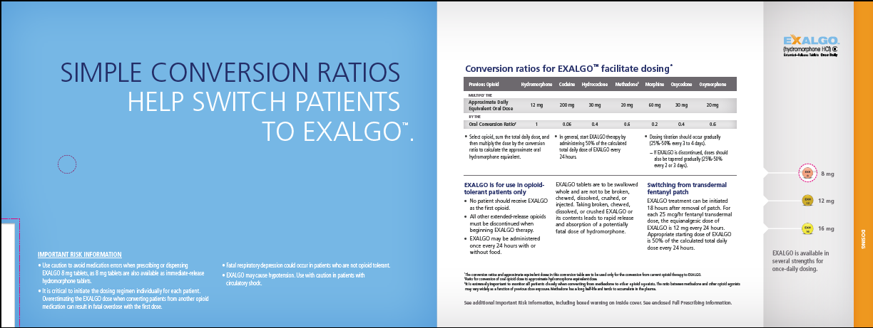 A screenshot of a webpage with a blue background and white text. On the left side of the page there is a title that reads "Simple Conversion Ratios Help Switch Patients to Exalgo". Below the title there are two bullet points that explain the conversion ratios for EXALGO patients. <br /><br />On the right side the page has a table with three columns. The first column lists the conversion rate for each patient the second column shows the number of patients and the third column displays the percentage of patients who have been diagnosed with the condition. The table also has a legend that explains the different colors used in the table.<br /><br />At the bottom right corner of the image there has a small icon of a smiley face which is likely representing the user's smile. The text on the page is in a modern sans-serif font and is centered.