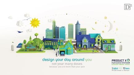 An illustration of a small town with a variety of buildings and structures. The town is made up of different types of buildings including skyscrapers houses and parks. The buildings are in different colors and styles including blue green and yellow. There are also trees bushes and a fountain in the center of the town. The sky is blue with a few clouds and there is a yellow sun in the top left corner. The text on the image reads "design your day around you not your many doses because you are more than your pain". The text is in a modern sans-serif font and is centered in the middle of the image.