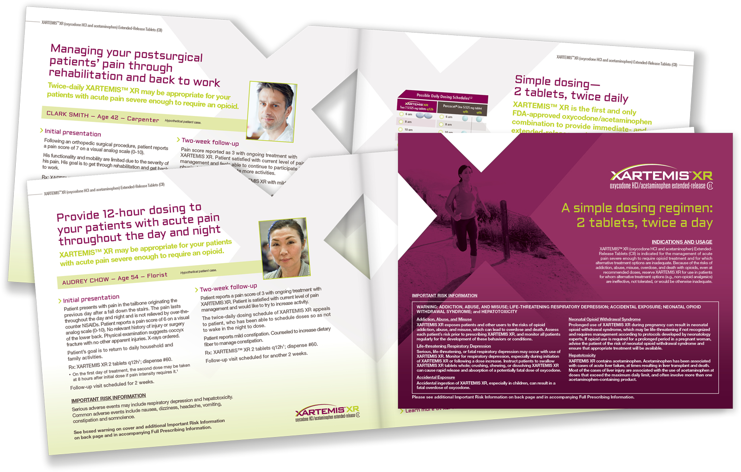 A tri-fold brochure design for a company called XARTEMIS XR. The brochure is divided into three sections. <br /><br />The first section on the left side of the brochure has a white background with black text that reads "Managing your postpartum pain through rehabilitation and back to work". Below the text there is a photo of a man and a woman. The man is smiling and the woman is looking at the camera.<br /><br />On the right side there are two smaller sections. The first section has a purple background with white text that explains the company's services. The second section has an image of a person walking on a path with a pink background. The text on the third section explains that the company provides 12-hour dosing to patients with acute pain throughout the day and night. The third section has information about the company and its services such as simple dosing twice a day and a simple dose.