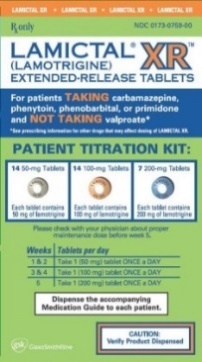 A product label for Lamictal XR (Lamotrigine) Extended-Release Tablets. The label is orange and green in color and has the brand name "Lamictal" written in bold white letters at the top. Below that there is a description of the product which states that it is for patients taking carbamazepine phenytoin phenobarbital or primidone and not taking valproate. <br /><br />The label also includes information about the patient titration kit which includes 14 tablets 14 100mg tablets and 7 200mg tablets. There is also a warning label that reads "Dispense the accompanying medication guide to each patient."<br /><br />At the bottom of the label there are two buttons - "Caution" and "Verify Product Dispensed".