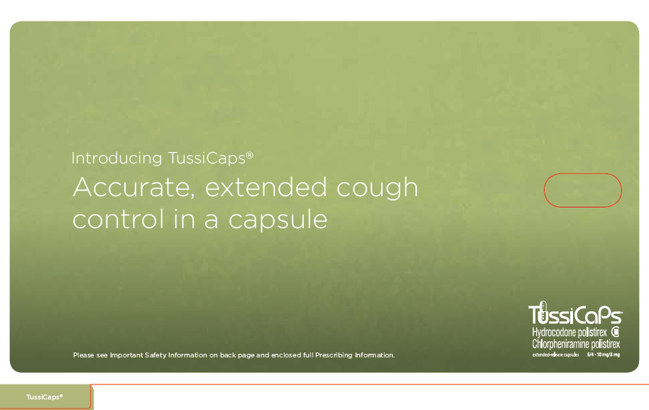 A screenshot of a presentation slide from a website called TussiCaps. The slide has a green background with white text. The title of the slide reads "Introducing TussiCaps® Accurate extended cough control in a capsule". Below the title there is a red circle with the company's logo and contact information. On the right side of the image there are two buttons - "Please see important safety information on back page and enclosed full prescribing information" and "TussiCaps".