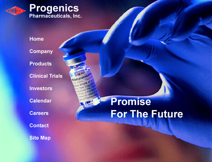 A screenshot of the homepage of Progenics Pharmaceuticals Inc. The background is a gradient of blue and purple with the company's logo in the top left corner. On the right side of the image there is a hand wearing a blue glove holding a small vial with a label that reads "Promise For The Future". Below the vial there are several options for the company including "Home" "Company" "Products" "Clinical Trials" "Investors" "Calendar" "Careers" "Contact" and "Site Map".