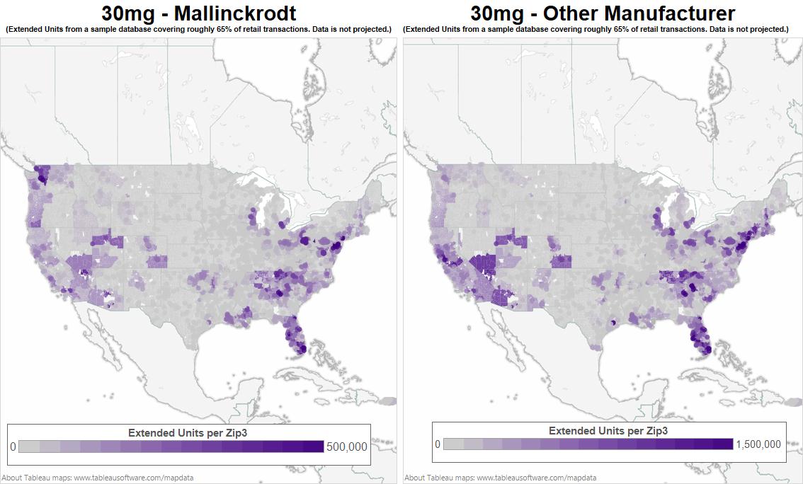 Two maps of North America with a focus on the United States of America. It shows the borders of each county. Each county is filled in with different shades on a gradient from grey to purple. The map on the left is titled "30mg - Mallinckrodt" and the map on the right is titled "30mg - Other Manufacturers". Under each title there is a disclaimer that reads "(Extended Units from a sample database covering roughly 65% of retail transactions. Data is not projected.)" A key shows that the color represents extended units per Zip3 with grey indicating 0 units and the darkest color purple indicating up to 500000 units for the map on the left and 1500000 units for the map on the right. A footer on the map indicates that the graphic was created in Tableau. 