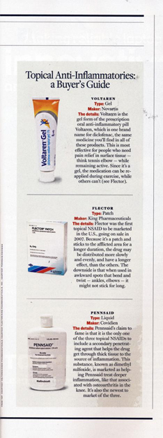 A page from a magazine article titled "Topical Anti-Inflammatories: A Buyer's Guide". The page is divided into three sections. <br /><br />The first section on the left side of the page has a picture of a tube of sunscreen with a blue and orange label. The tube has a white cap and a blue label with the brand name "PENNSYLVANIA" written on it. Next to it there is a description of the product which is a white box with a red and blue stripe on the side. The description explains that the product is made with natural ingredients and is suitable for all skin types.<br /><br />On the right side there are three smaller images of the same product. The first image is of a bottle of sunscreen the second one is a tube with a white label and the third one is an image of a pack of sunscreen. The text on the page provides information about the product and its benefits.